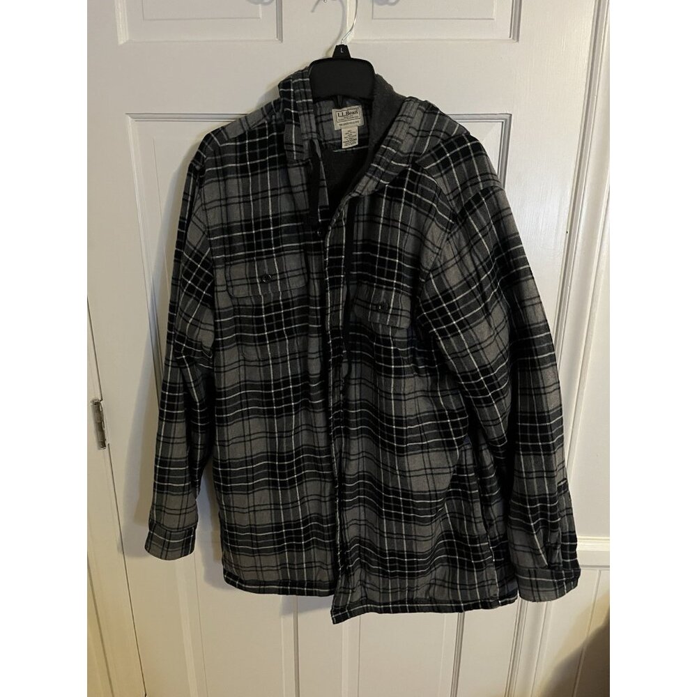 LL Bean Flannel Shirt L Tall Sherpa Fleece Lined Plaid Button Up Hoodie Black